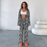 Casual Zigzag Pattern Wide Leg Pants Matching Set - Black